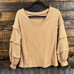 Tan V-Neck Ruffle Sleeve Top